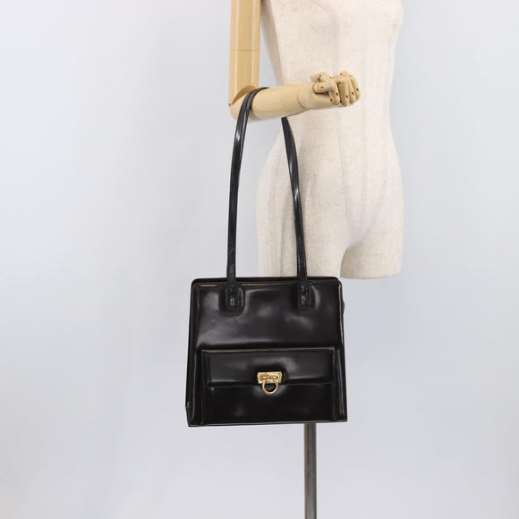 Salvatore Ferragamo Gancini Tote Bag Patent Dark Brown Gold Tone Auth BA16946
