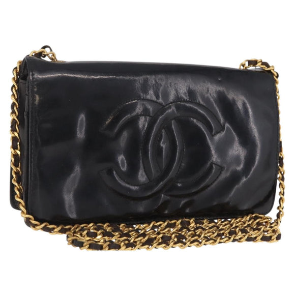CHANEL Chain Shoulder Bag Patent Black Gold Tone CC Auth BA16956