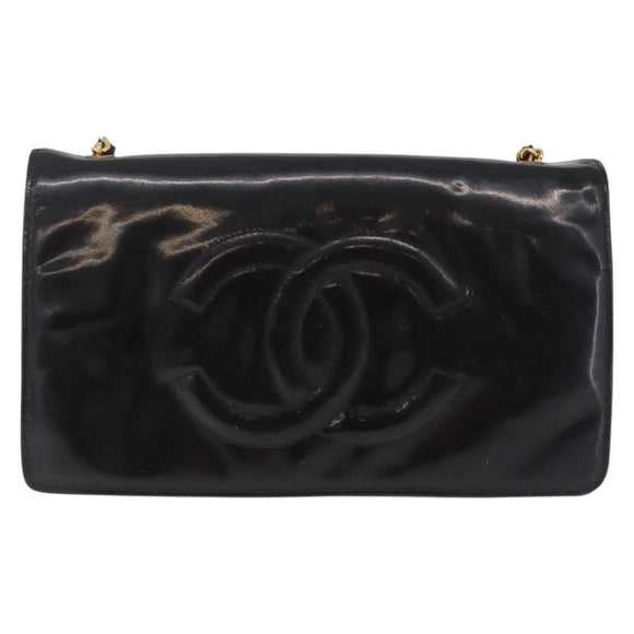 CHANEL Chain Shoulder Bag Patent Black Gold Tone CC Auth BA16956