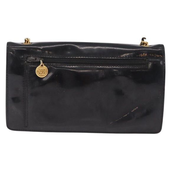 CHANEL Chain Shoulder Bag Patent Black Gold Tone CC Auth BA16956