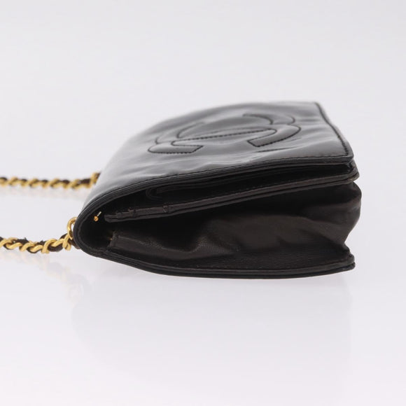 CHANEL Chain Shoulder Bag Patent Black Gold Tone CC Auth BA16956