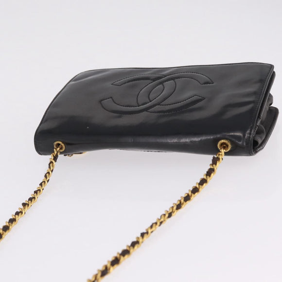 CHANEL Chain Shoulder Bag Patent Black Gold Tone CC Auth BA16956