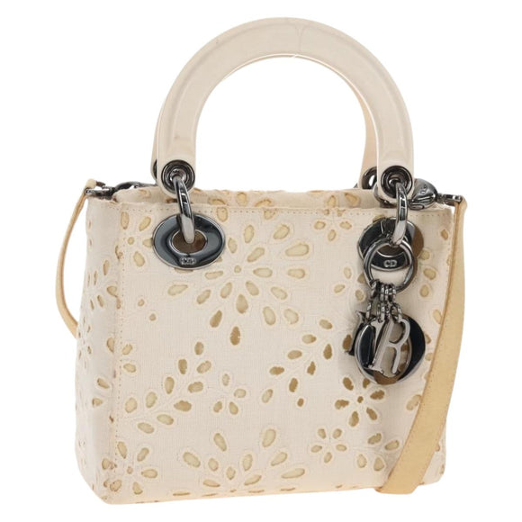 Christian Dior Lady Dior Hand Bag Canvas 2way White Silver Auth BA16979V