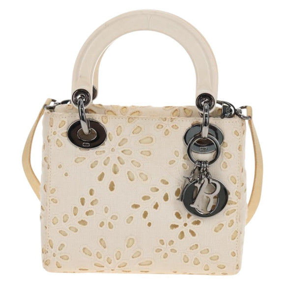 Christian Dior Lady Dior Hand Bag Canvas 2way White Silver Auth BA16979V