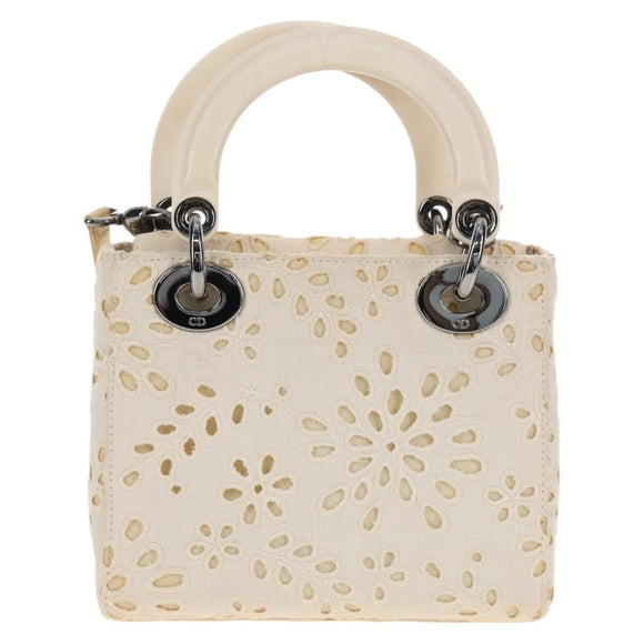 Christian Dior Lady Dior Hand Bag Canvas 2way White Silver Auth BA16979V
