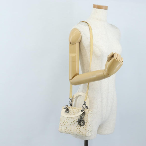 Christian Dior Lady Dior Hand Bag Canvas 2way White Silver Auth BA16979V