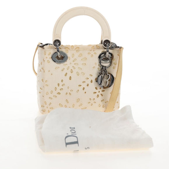 Christian Dior Lady Dior Hand Bag Canvas 2way White Silver Auth BA16979V