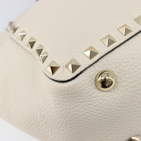Valentino Rock Studs Hand Bag Leather 2way White Gold Auth BA16999A