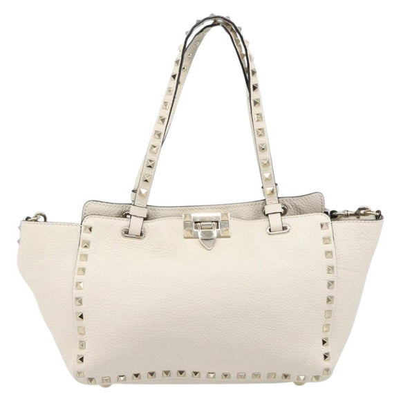 Valentino Rock Studs Hand Bag Leather 2way White Gold Auth BA16999A