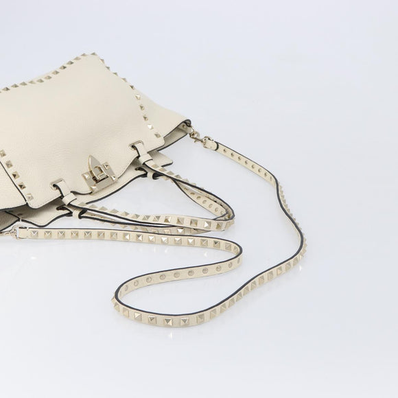 Valentino Rock Studs Hand Bag Leather 2way White Gold Auth BA16999A