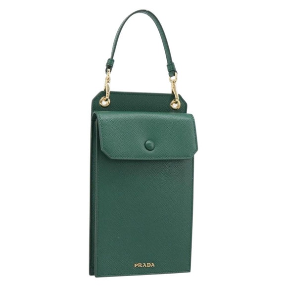 PRADA smartphone Pouch Safiano leather Green Gold Auth BA17022V