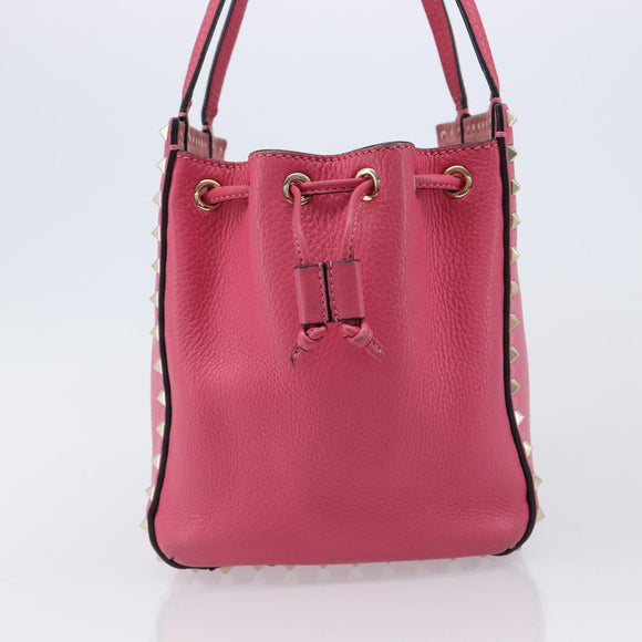 Valentino Rock Studs Hand Bag Leather Pink Gold Auth BA17029
