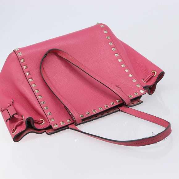 Valentino Rock Studs Hand Bag Leather Pink Gold Auth BA17029