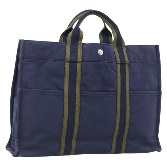 HERMES Fourre Tout MM Hand Bag Canvas Navy Silver Auth BA17045