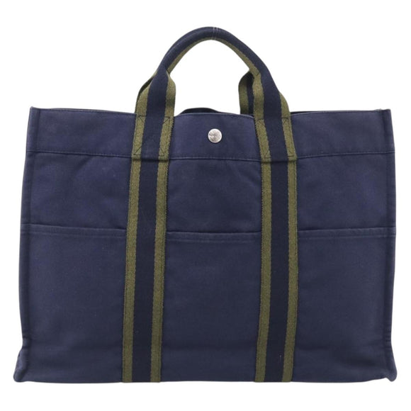 HERMES Fourre Tout MM Hand Bag Canvas Navy Silver Auth BA17045