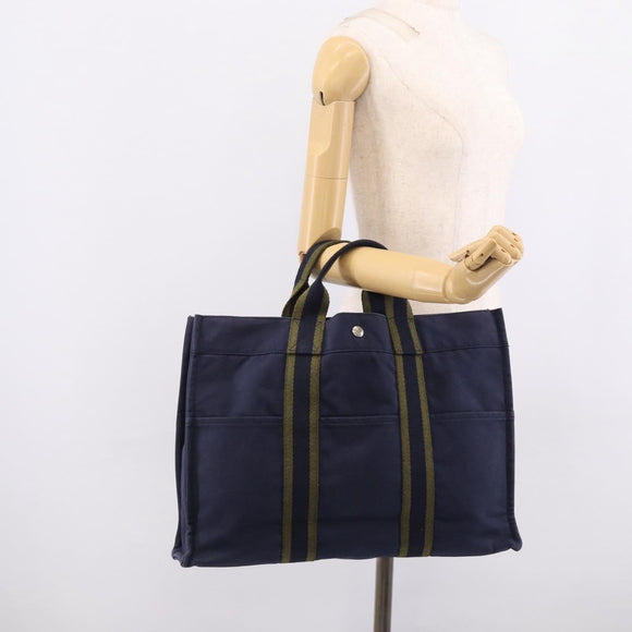 HERMES Fourre Tout MM Hand Bag Canvas Navy Silver Auth BA17045