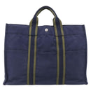 HERMES Fourre Tout MM Hand Bag Canvas Navy Silver Auth BA17045-3