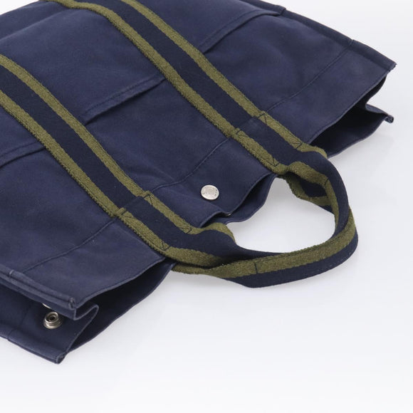 HERMES Fourre Tout MM Hand Bag Canvas Navy Silver Auth BA17045