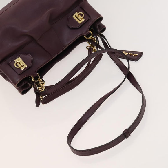 Salvatore Ferragamo Gancini Chain Hand Bag Leather 2way Purple Gold Auth BA1705