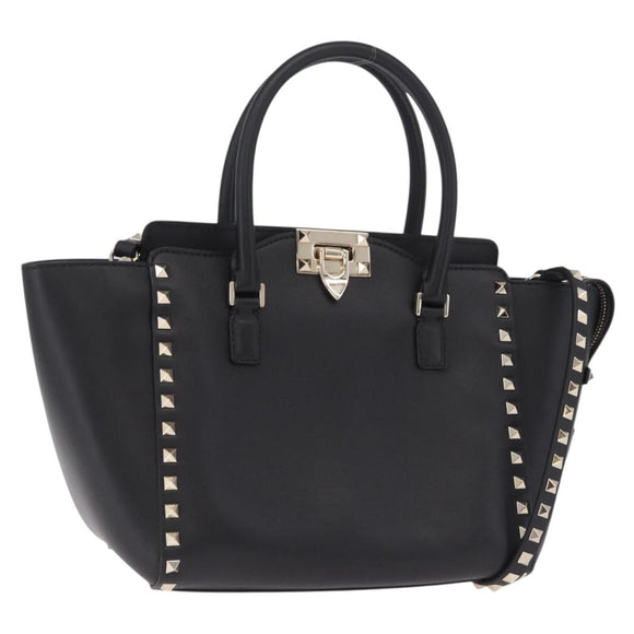 Valentino Rock Studs Hand Bag Leather 2way Black Gold Auth BA17055V