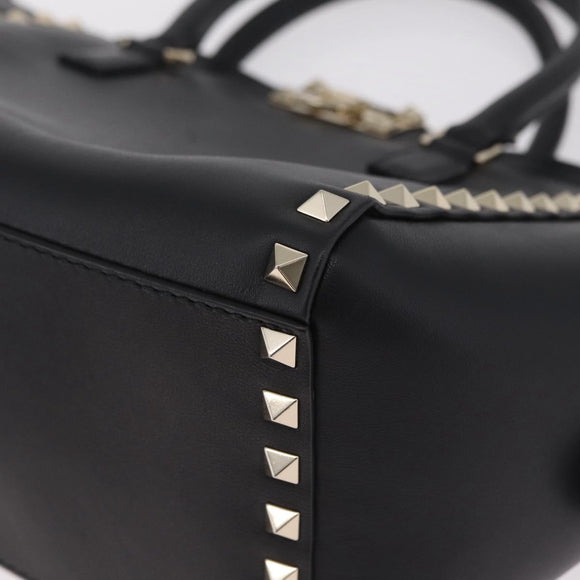 Valentino Rock Studs Hand Bag Leather 2way Black Gold Auth BA17055V