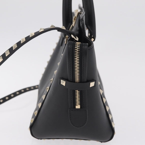 Valentino Rock Studs Hand Bag Leather 2way Black Gold Auth BA17055V