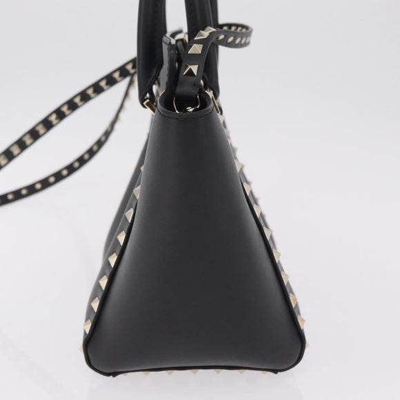 Valentino Rock Studs Hand Bag Leather 2way Black Gold Auth BA17055V