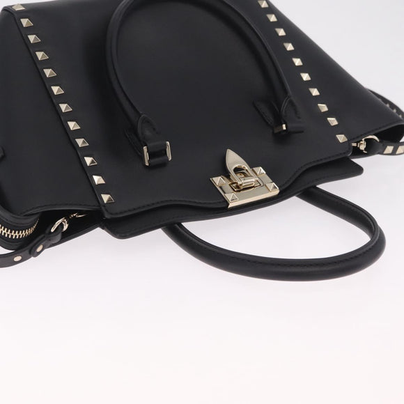 Valentino Rock Studs Hand Bag Leather 2way Black Gold Auth BA17055V