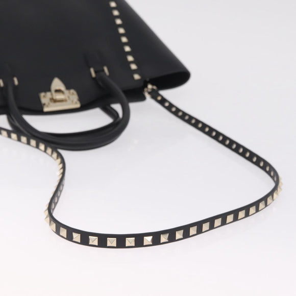 Valentino Rock Studs Hand Bag Leather 2way Black Gold Auth BA17055V