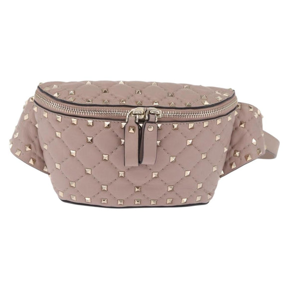 Valentino Rock Studs Waist Bag Leather Beige Gold Auth BA17058