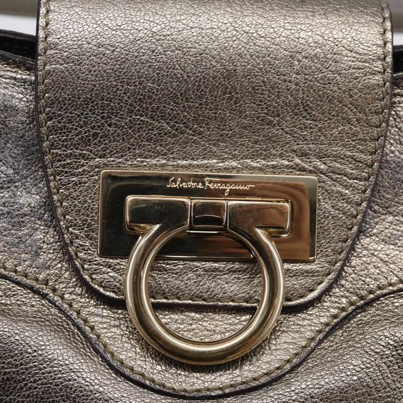 Salvatore Ferragamo Gancini Hand Bag Leather Silver Gold Auth BA17089