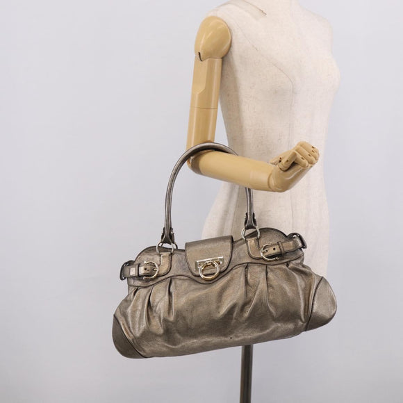 Salvatore Ferragamo Gancini Hand Bag Leather Silver Gold Auth BA17089