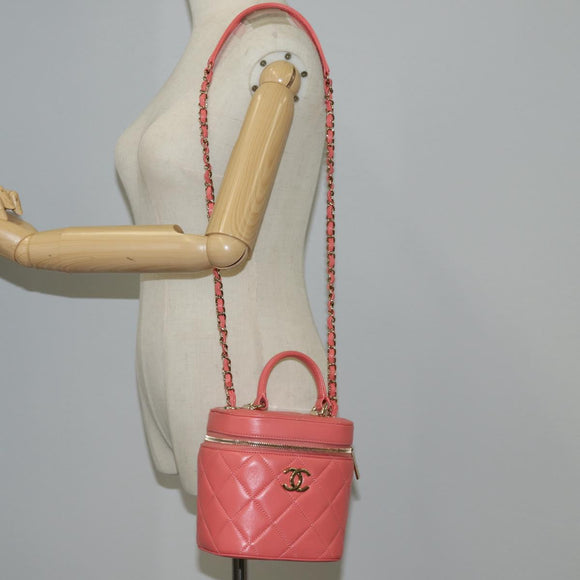 CHANEL Matelasse COCO Mark Vanity Bag Lamb Skin 2way Pink Gold CC Auth BA1724M