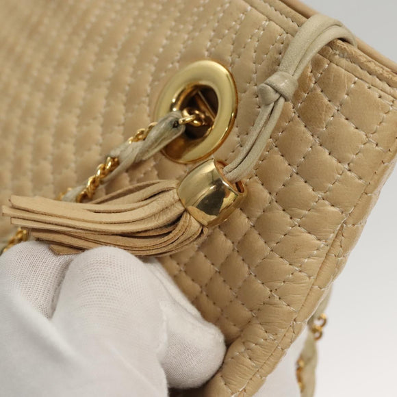BALLY Quilted Chain Shoulder Bag Leather Beige Gold Auth BA1743