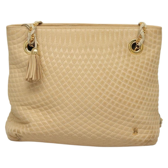 BALLY Quilted Chain Shoulder Bag Leather Beige Gold Auth BA1743