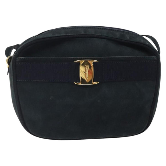 Salvatore Ferragamo Shoulder Bag Suede Navy Gold Auth BA1748