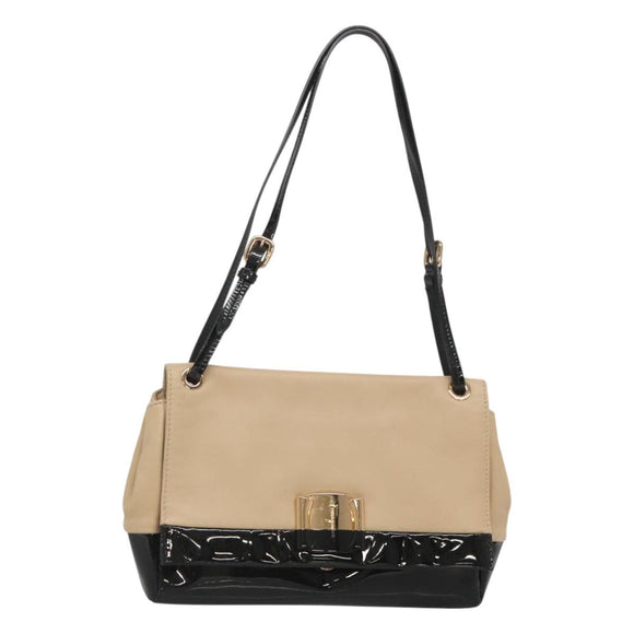 Salvatore Ferragamo Shoulder Bag Taurillon Leather Beige Gold Auth BA1749