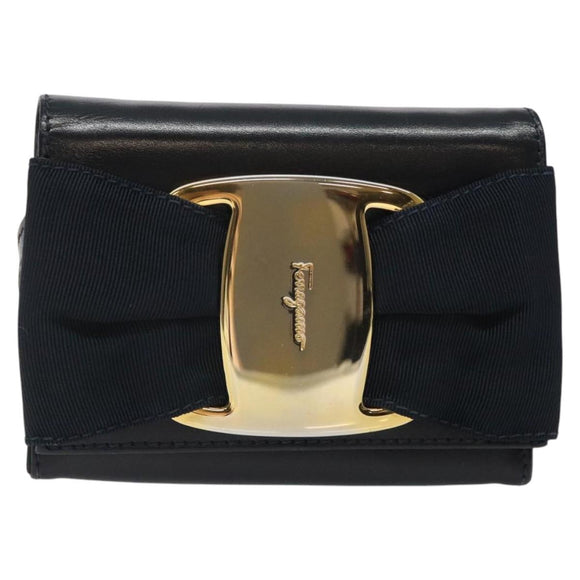 Salvatore Ferragamo Pouch Shoulder Bag Leather Navy Gold Auth BA1758