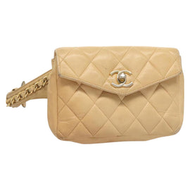 CHANEL Matelasse Chain Waist bag Lamb Skin Beige Gold CC Auth BA1769