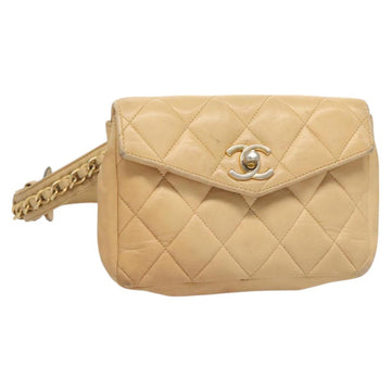 CHANEL Matelasse Chain Waist bag Lamb Skin Beige Gold CC Auth BA1769