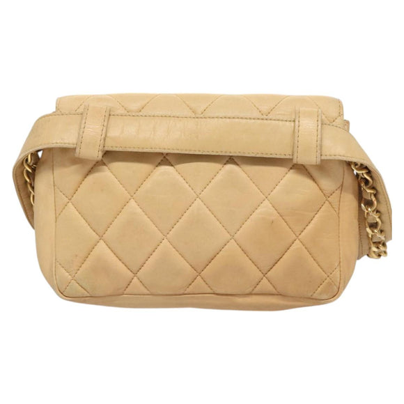 CHANEL Matelasse Chain Waist bag Lamb Skin Beige Gold CC Auth BA1769