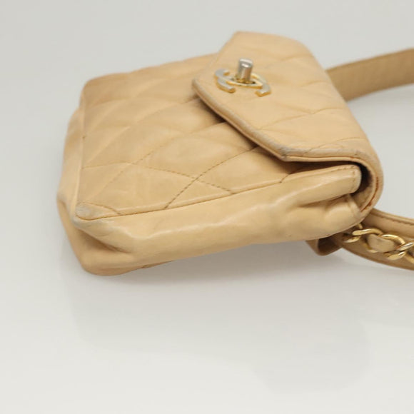 CHANEL Matelasse Chain Waist bag Lamb Skin Beige Gold CC Auth BA1769