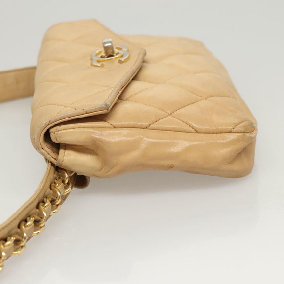 CHANEL Matelasse Chain Waist bag Lamb Skin Beige Gold CC Auth BA1769