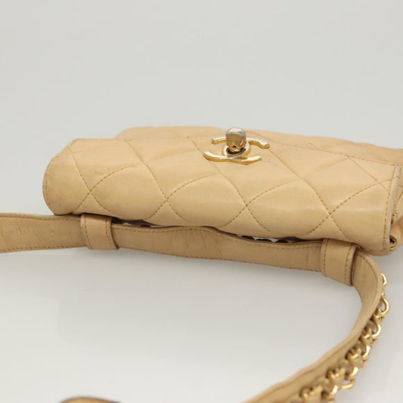 CHANEL Matelasse Chain Waist bag Lamb Skin Beige Gold CC Auth BA1769