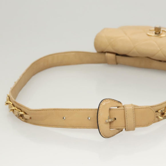 CHANEL Matelasse Chain Waist bag Lamb Skin Beige Gold CC Auth BA1769
