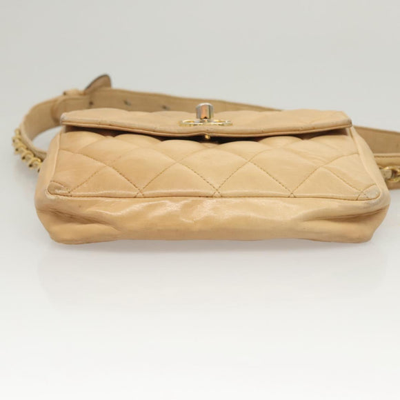 CHANEL Matelasse Chain Waist bag Lamb Skin Beige Gold CC Auth BA1769