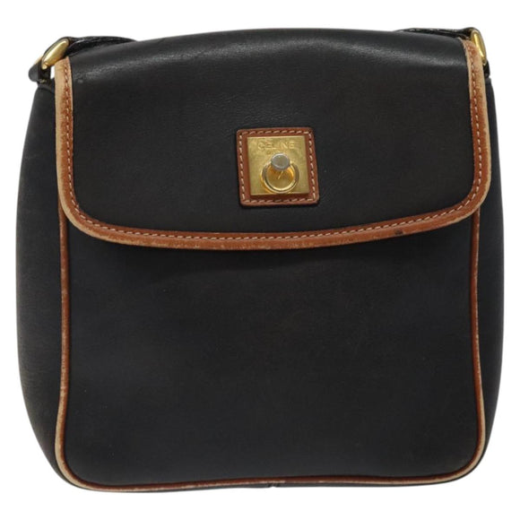 CELINE Shoulder Bag Leather Black Gold Auth BA1801