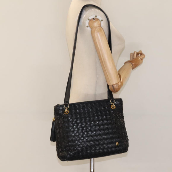 BALLY Quilted Shoulder Bag Leather Black Gold Auth BA1832