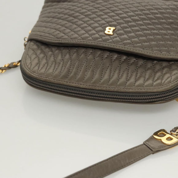 BALLY Quilted Chain Shoulder Bag Leather Gray Gold Auth BA1833