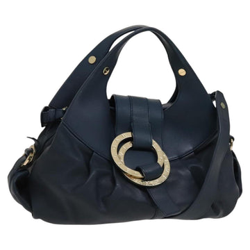 BVLGARI Hand Bag Leather 2way Blue Gold Auth BA1864